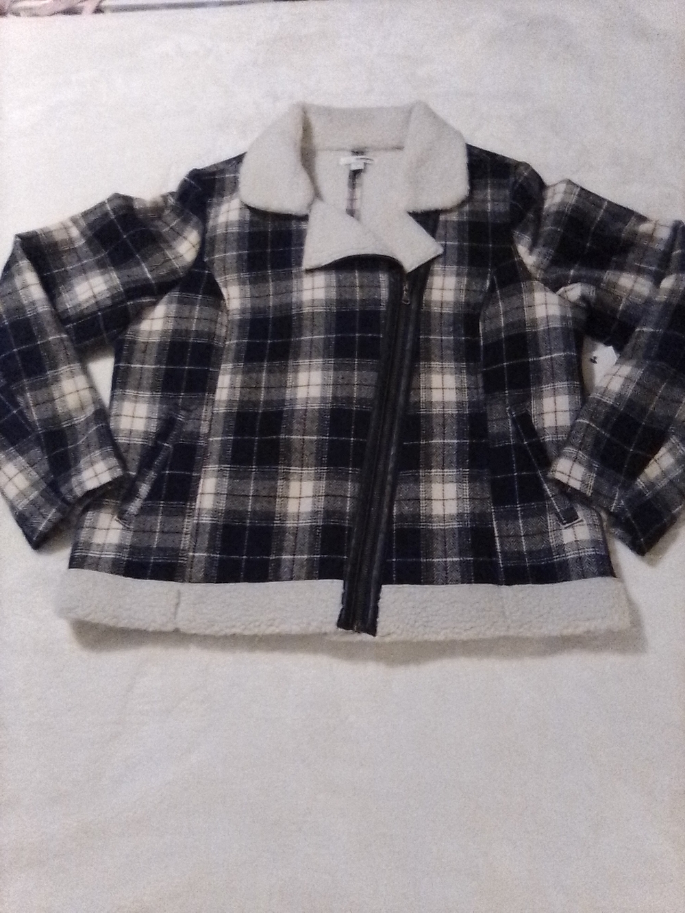 Sonoma Black and White Plaid Sherpa-Trim Asymmetrical Jacket